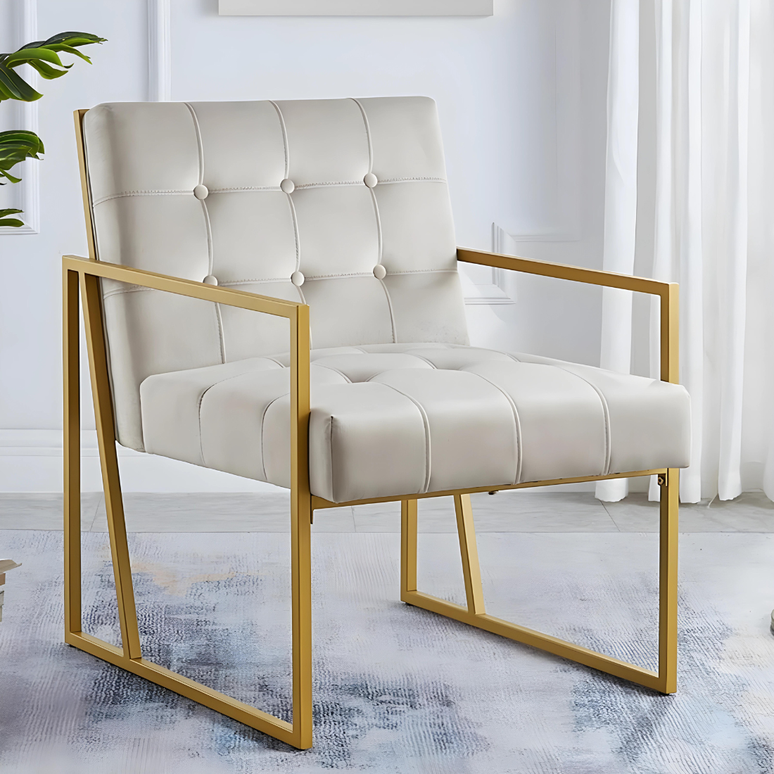 Eric Designer Golden Metal Chair with White Cushion Vibrant Interior and Furniture