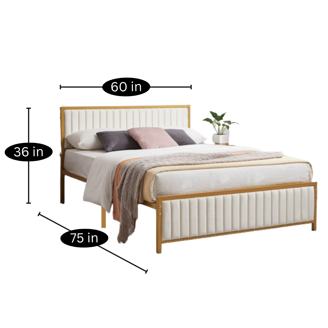 Orla Without Storage Metal Bed with White Designer Cushion Headrest (Color - Golden)