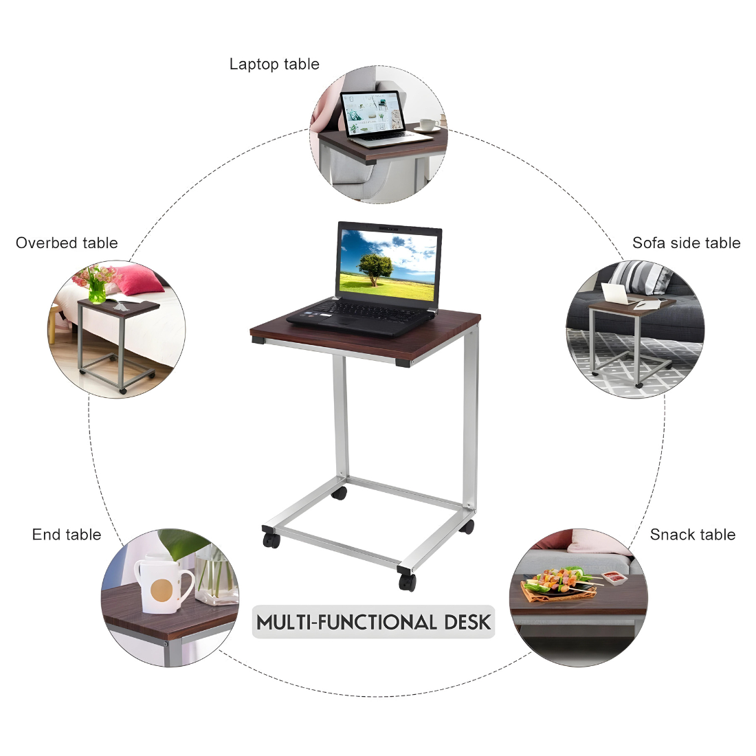 Metal Laptop Table in White Finish and Powder Coating with Brown Wooden Top