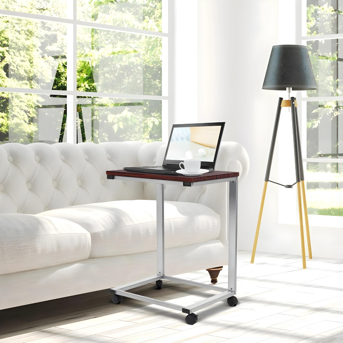 Metal Laptop Table in White Finish and Powder Coating with Brown Wooden Top