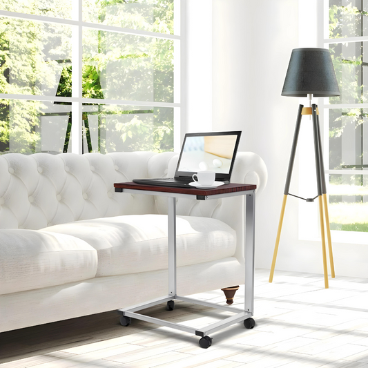 Metal Laptop Table in White Finish and Powder Coating with Brown Wooden Top