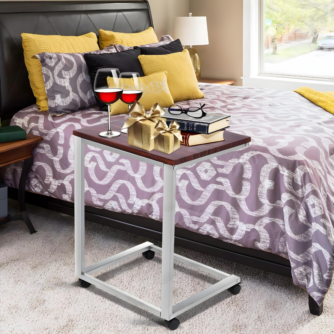 Metal Laptop Table in White Finish and Powder Coating with Brown Wooden Top