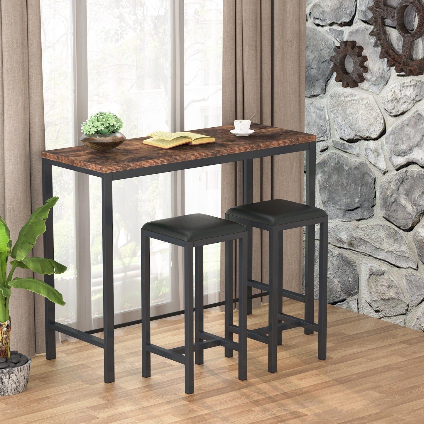 Aiden Black Metal Dining Set and Bar Set with 1 Table and 2 Metal Stools