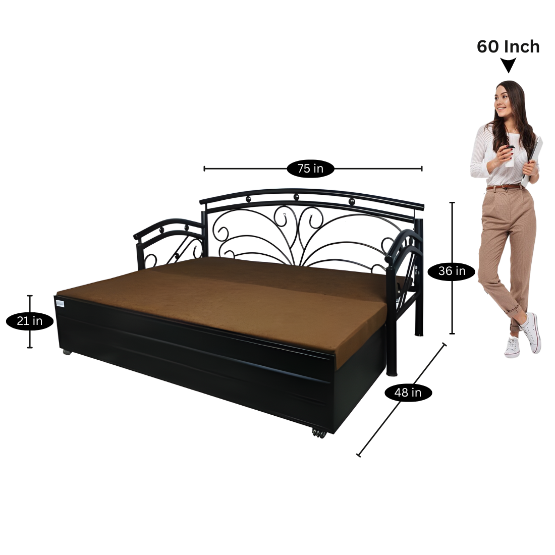 Black Flyer Hydraulic Storage Metal Sofa Cum Bed with Mattress & Pillow (Color - Brown)
