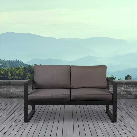 Black Emery Two Seater Metal Sofa with Brown Cushion