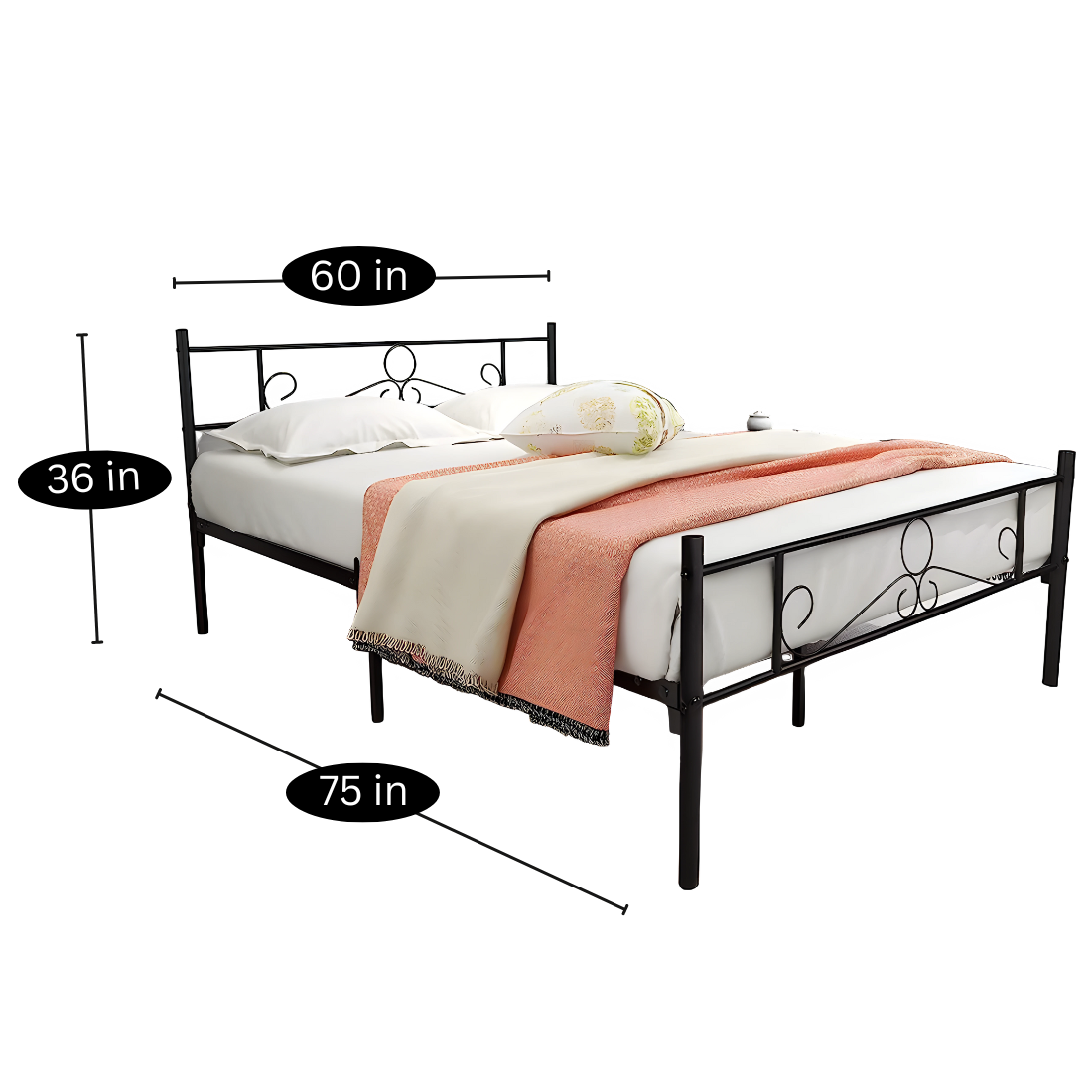 Etty Without Storage Metal Bed with Designer Headrest (Color - Black)