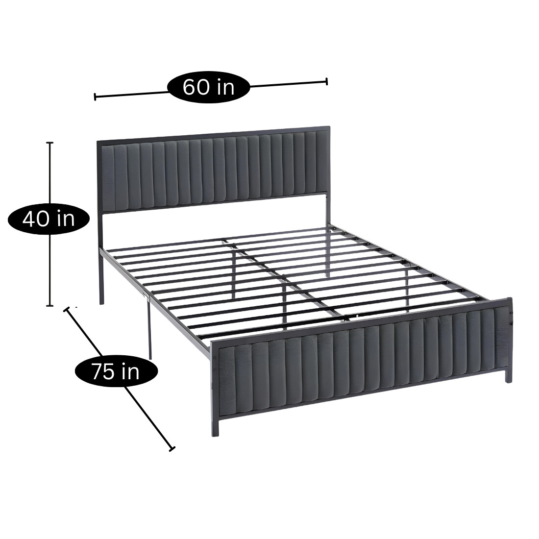 Orla Without Storage Metal Bed with Grey Designer Cushion Headrest (Color - Black)