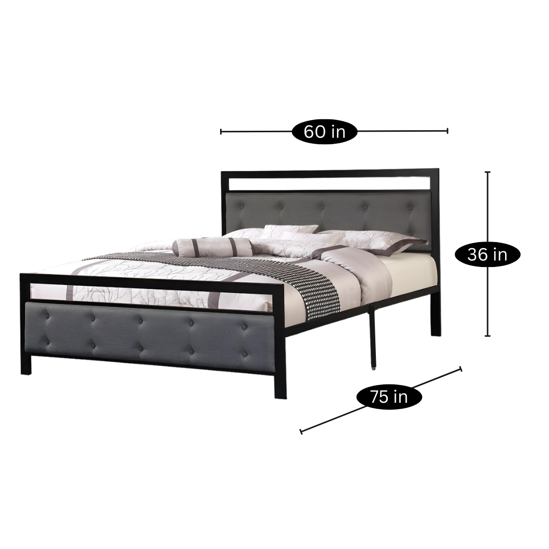 Snow Without Storage Metal Bed with Designer Cushion Headrest (Color - Black)