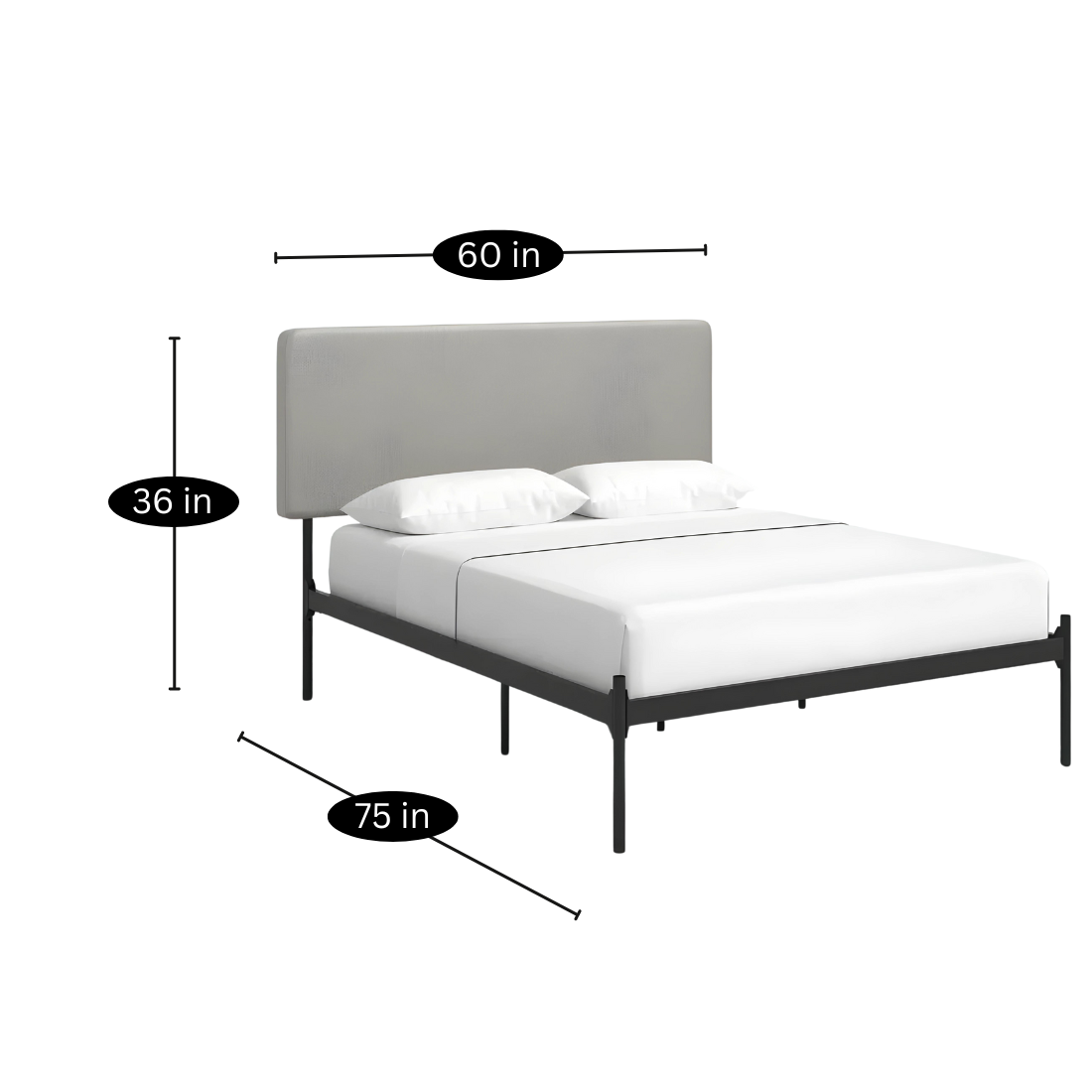 Thanos Without Storage Metal Bed with Grey Designer Cushion Headrest (Color - Black)