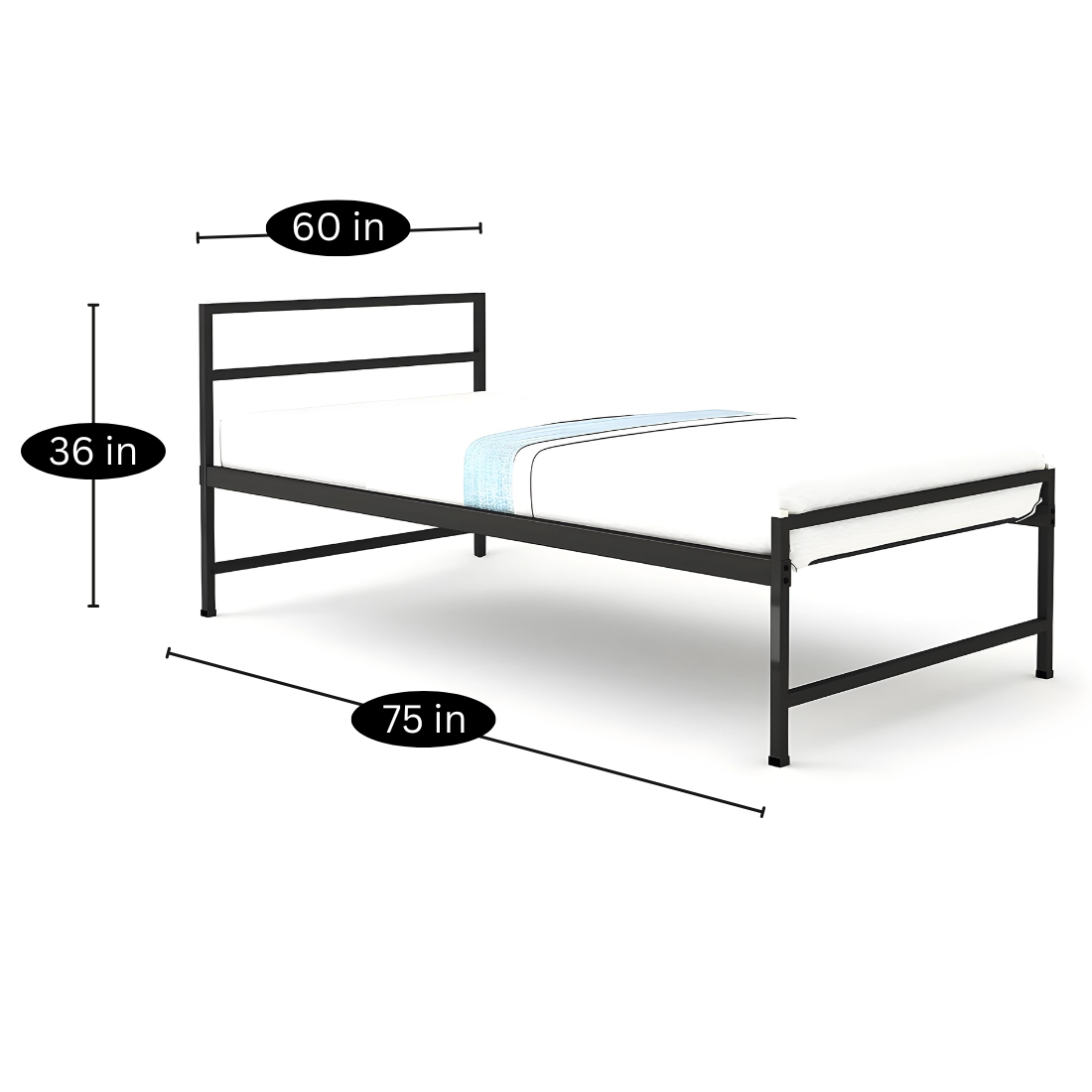 Trench Without Storage Metal Bed with Designer Headrest (Color - Black)