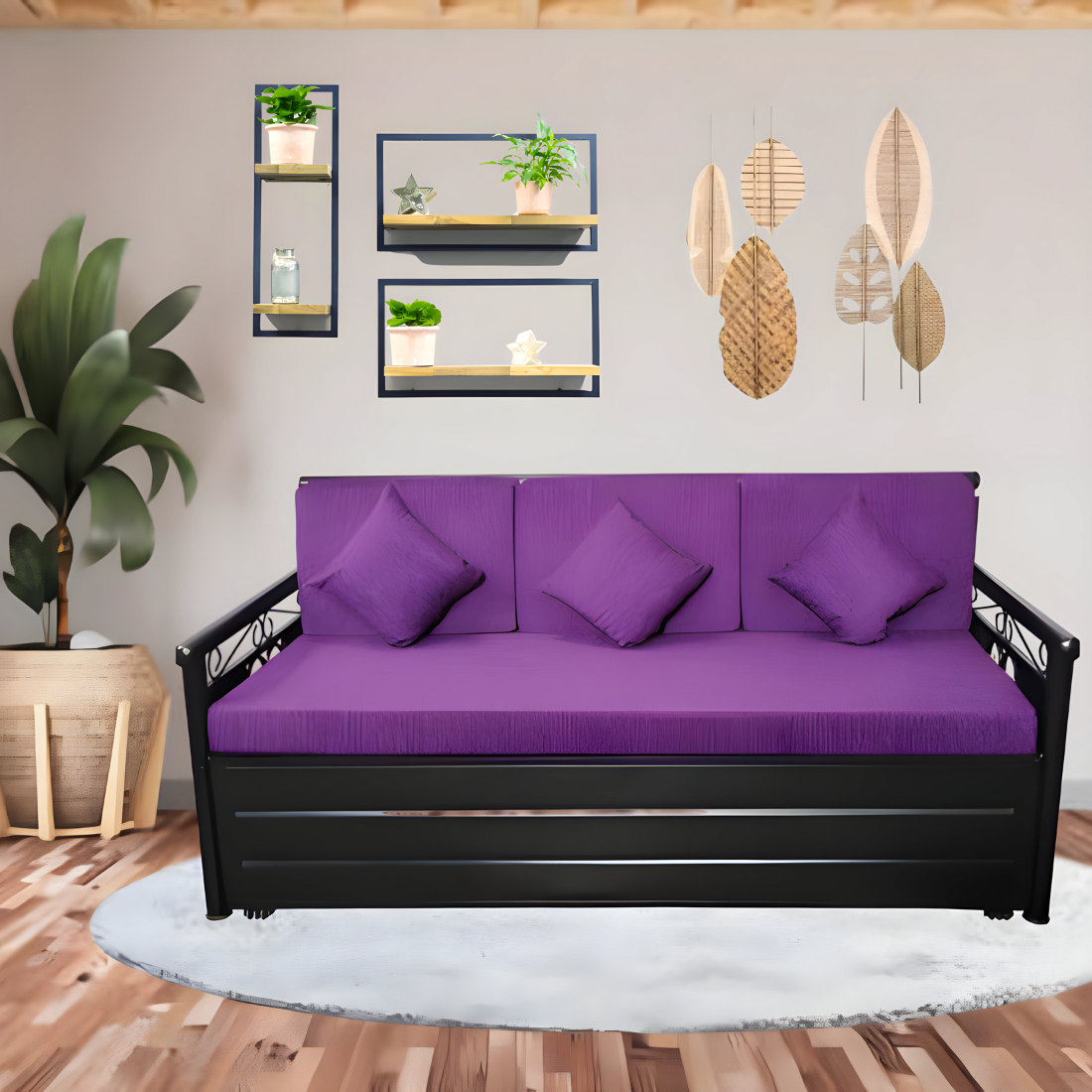 Black Crossandra Hydraulic Storage Metal Sofa Bed with Mattress & Pillow (Color - Purple)