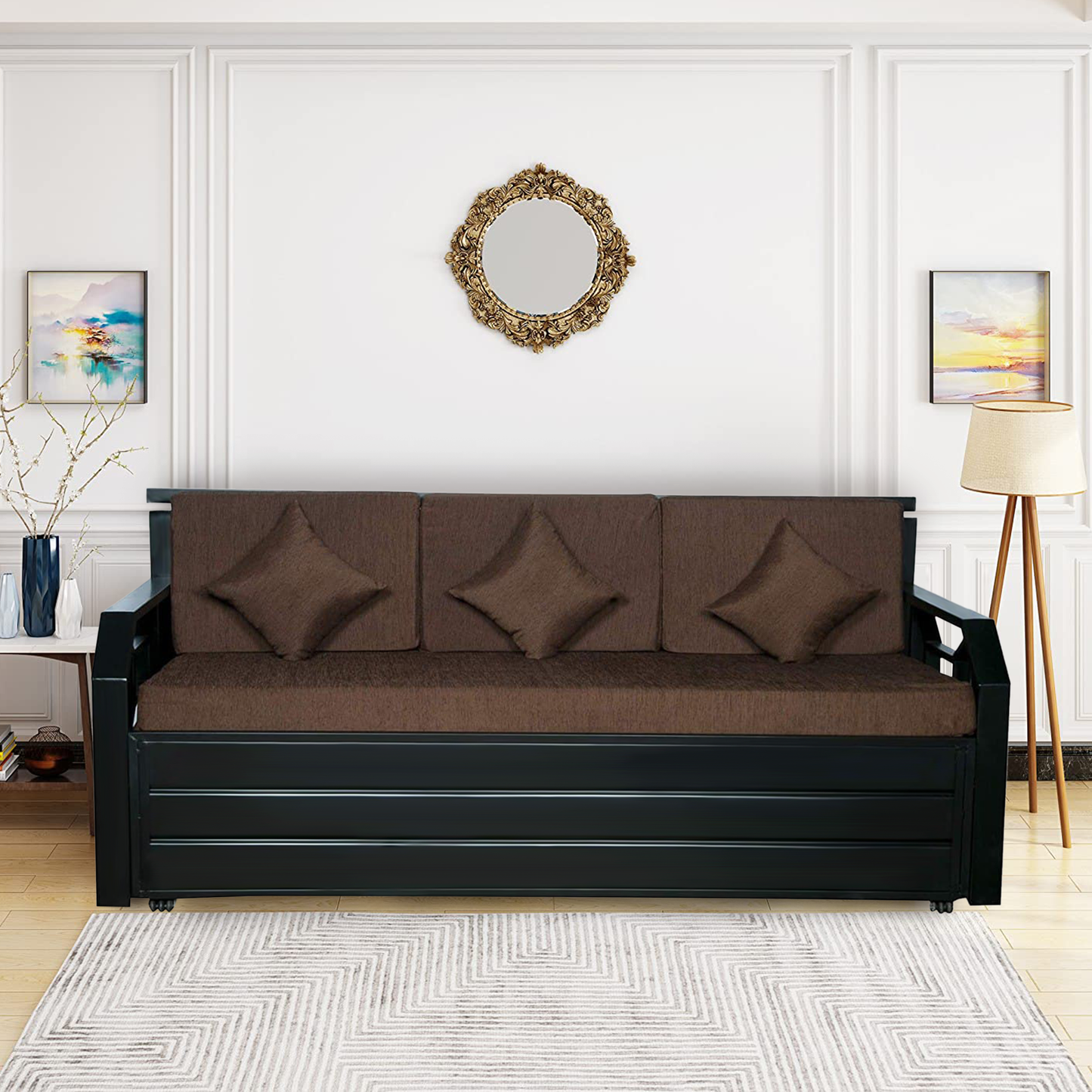 Black Kingston Hydraulic Storage Metal Sofa Cum Bed with Mattress & Pillow (Color - Brown)