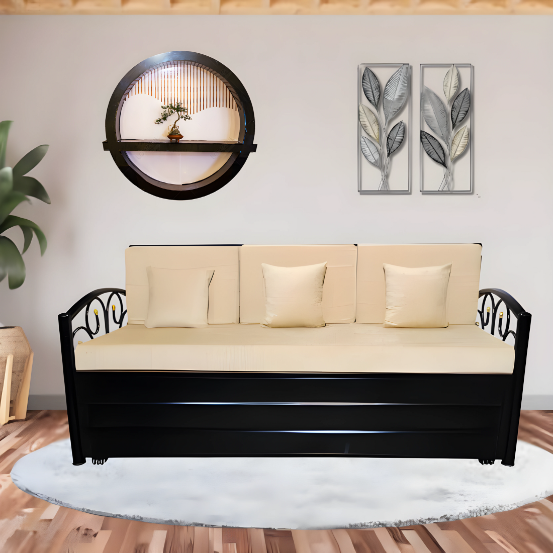 Black Lily Hydraulic Storage Metal Sofa Cum Bed with Mattress & Pillow (Color - Camel)
