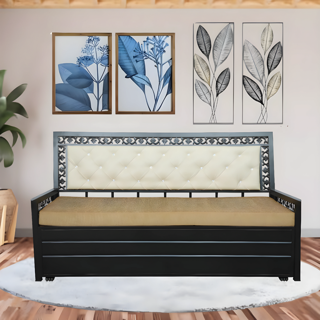 Black Romania Hydraulic Storage Metal Sofa Bed with Mattress & Pillow (Color - Camel)