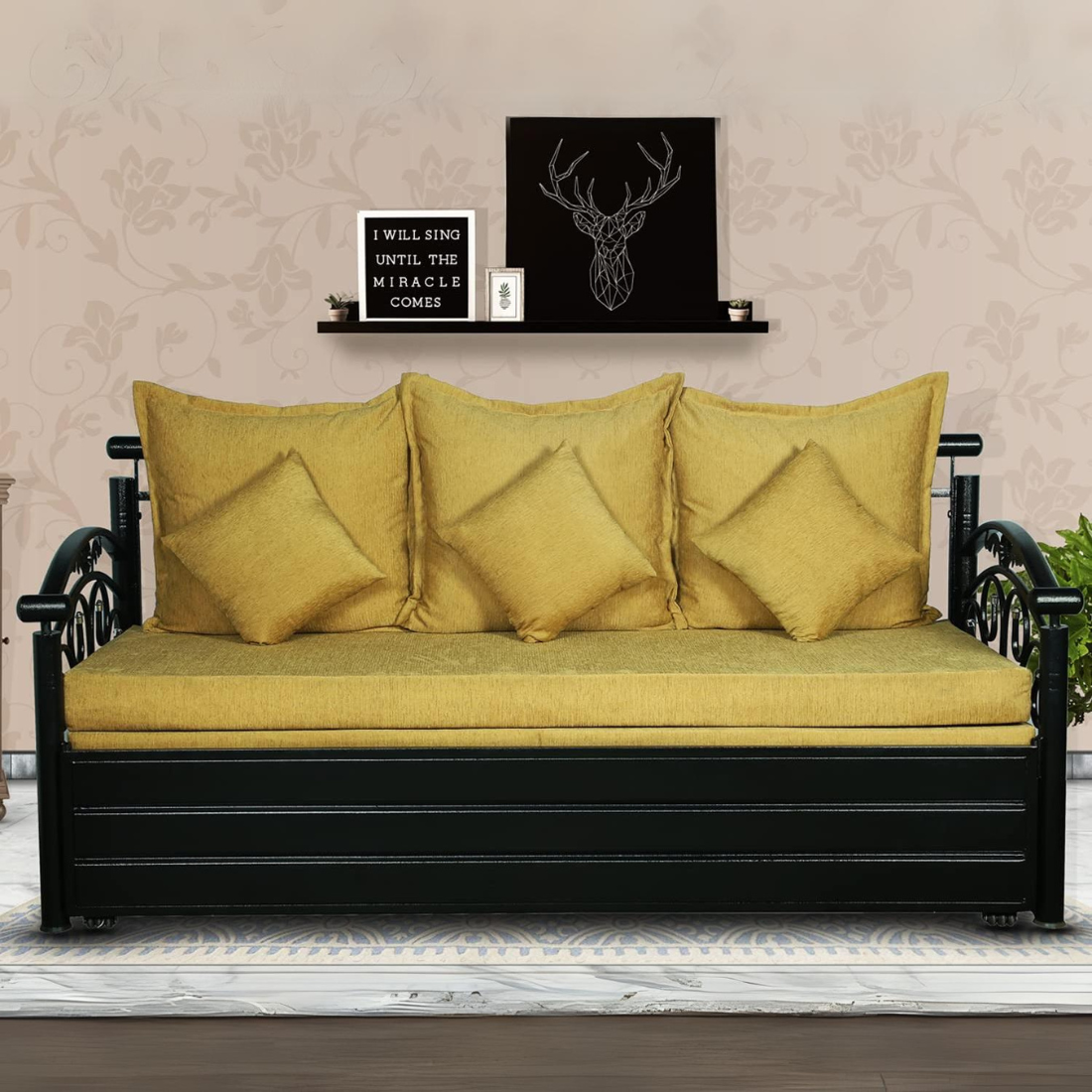 Black Sofia Hydraulic Storage Metal Sofa Cum Bed with Mattress & Pillow (Color - Camel)