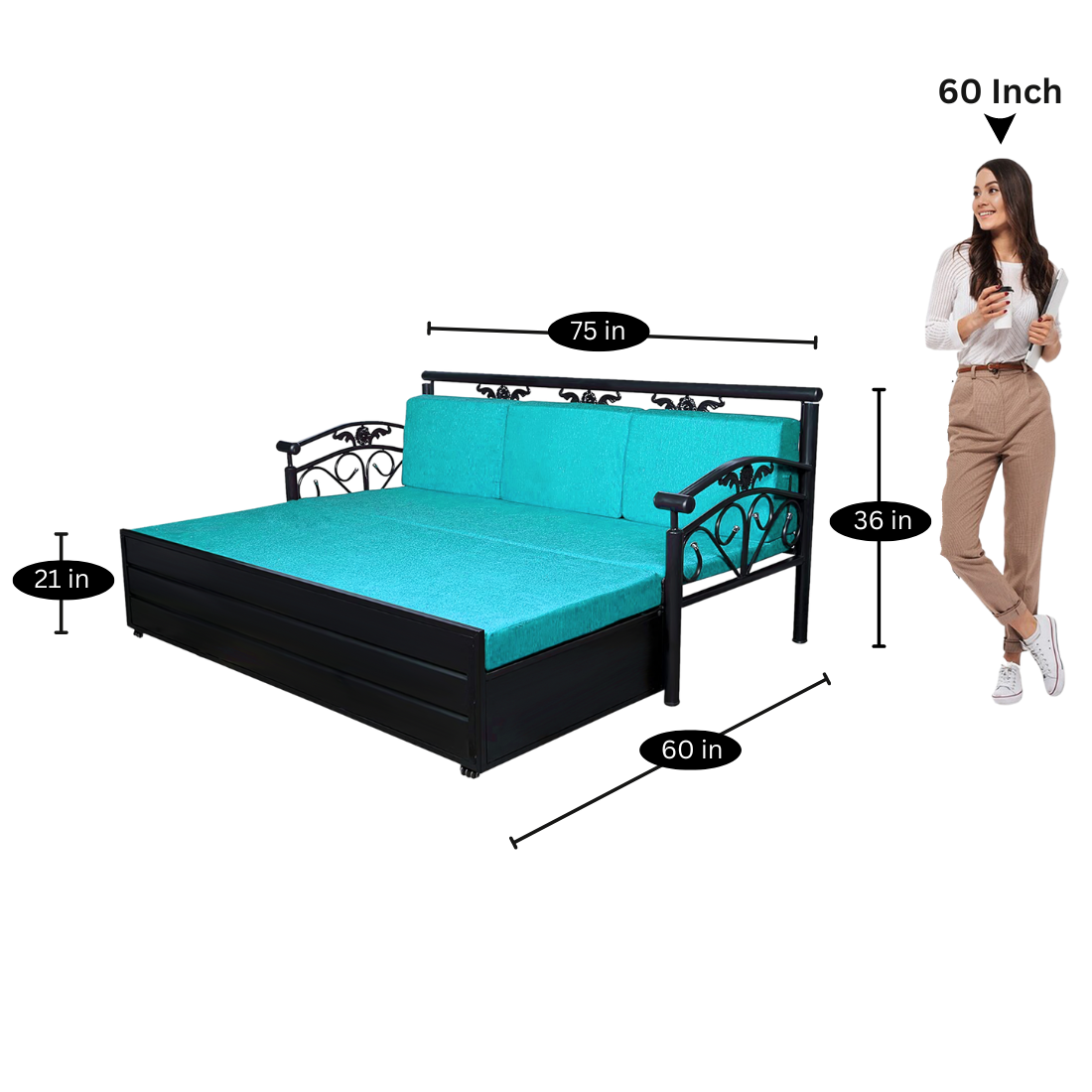 Black Sofia Hydraulic Storage Metal Sofa Cum Bed with Mattress & Pillow (Color - Sky Blue)