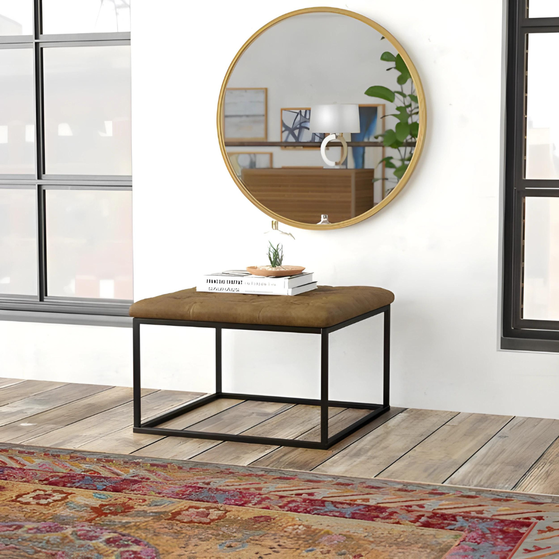 Cora Black Ottoman Metal Stool with Brown Cushion