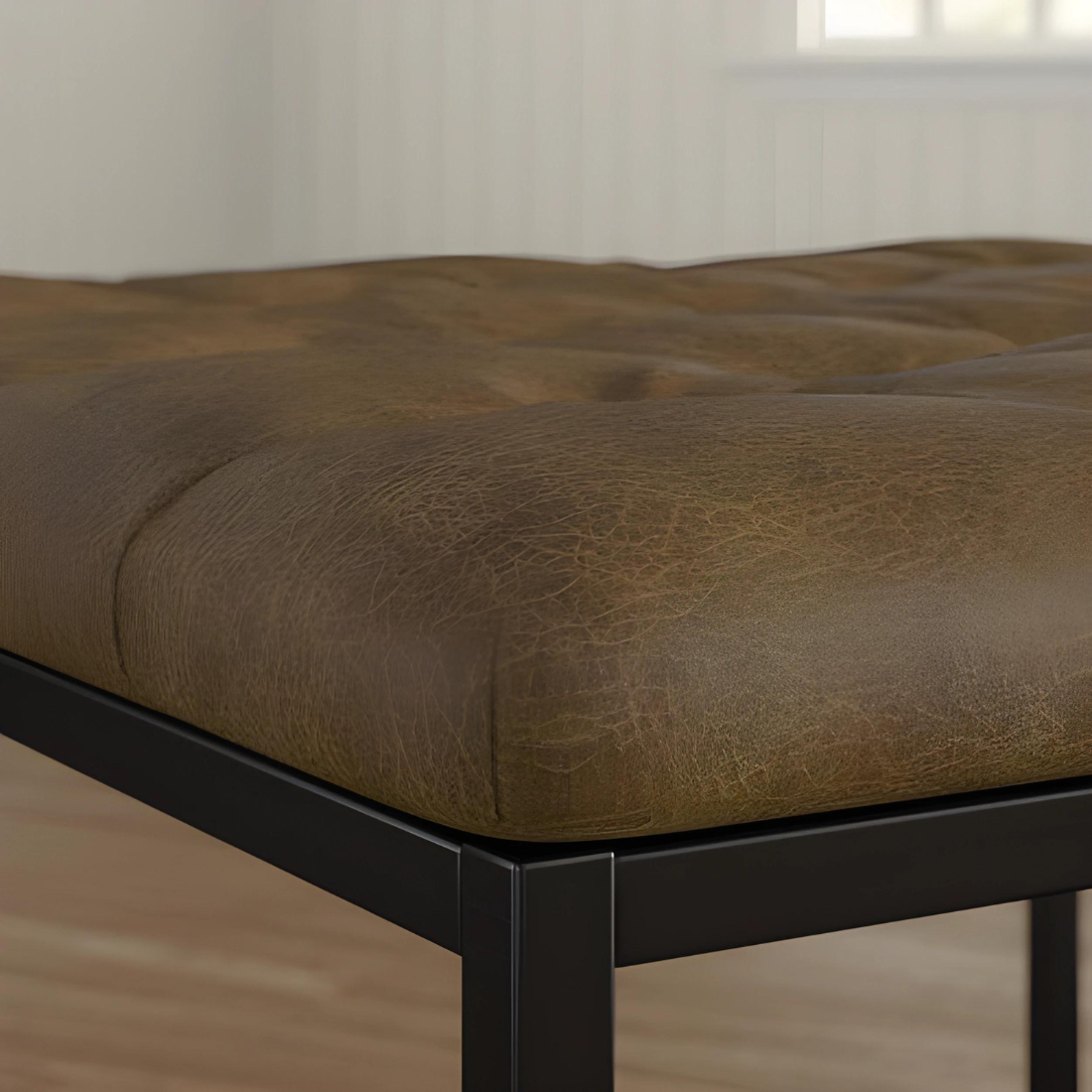Cora Black Ottoman Metal Stool with Brown Cushion