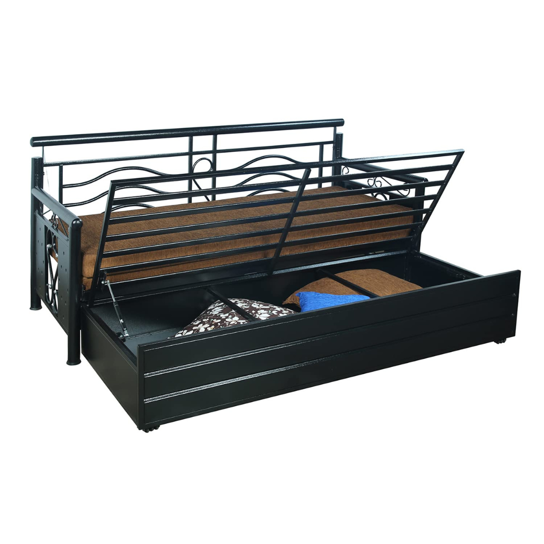 Black Crossandra Hydraulic Storage Metal Sofa Cum Bed with Mattress & Pillow (Color - Brown)