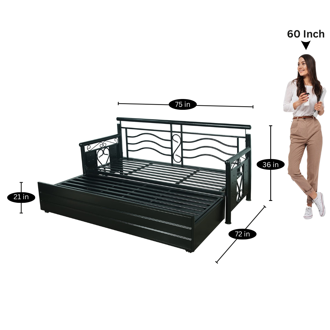 Black Crossandra Hydraulic Storage Metal Sofa Cum Bed with Mattress & Pillow (Color - Brown)