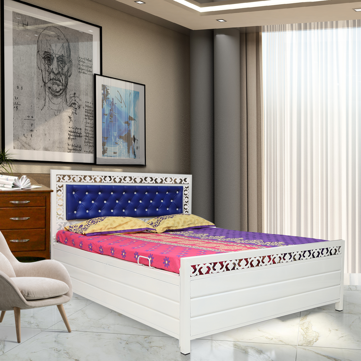 Cuba Hydraulic Storage Metal Bed with Blue Cushion Headrest (Color - White)