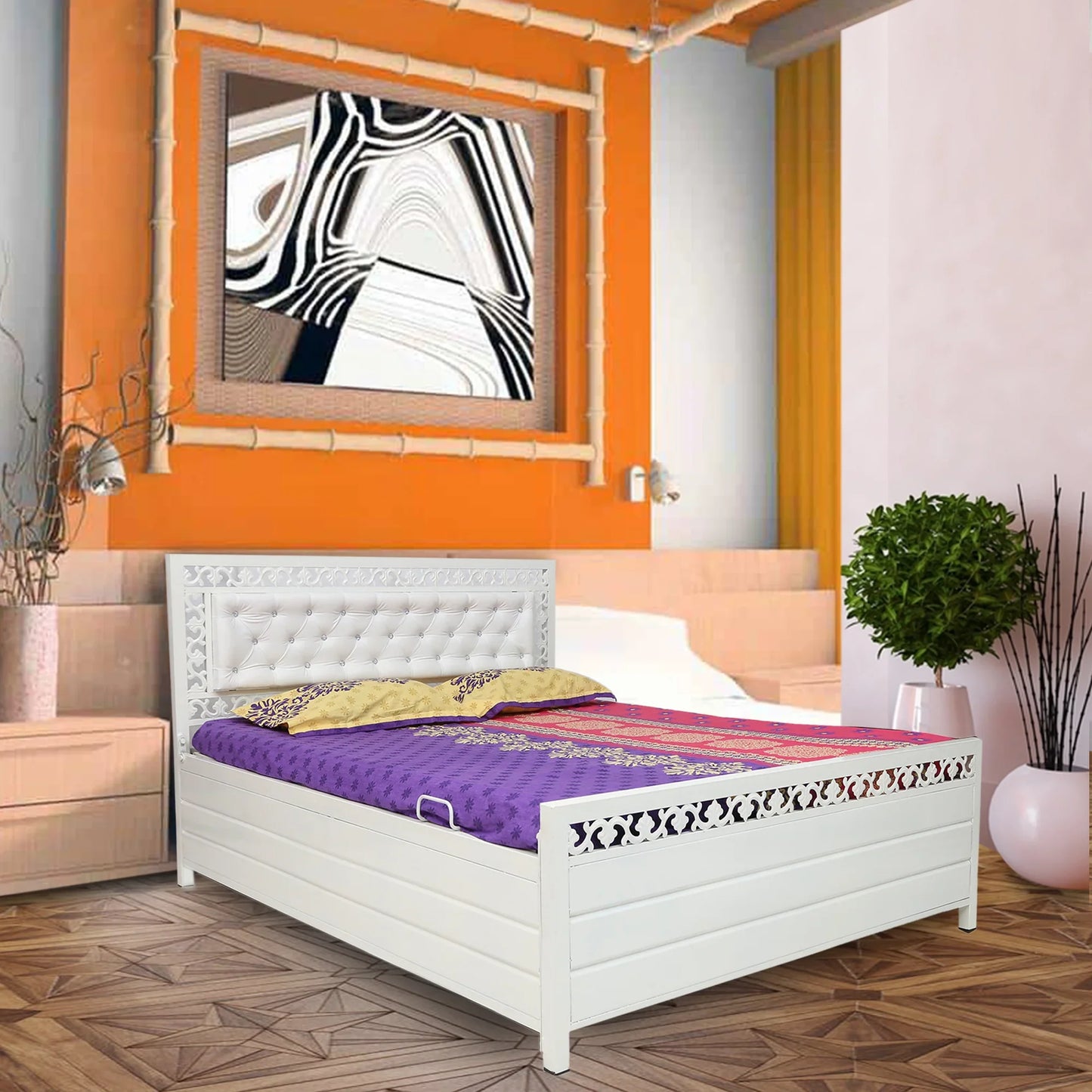 Cuba Hydraulic Storage Metal Bed with White Cushion Headrest (Color - White)