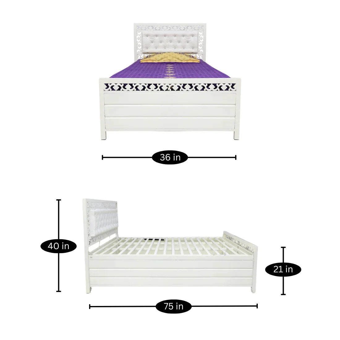 Cuba Hydraulic Storage Metal Bed with White Cushion Headrest (Color - White)