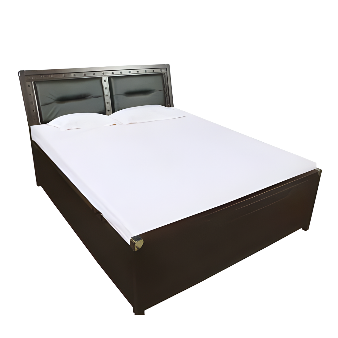 Daisy Hydraulic Storage Metal Bed with Brown Cushion Headrest (Color - Brown)