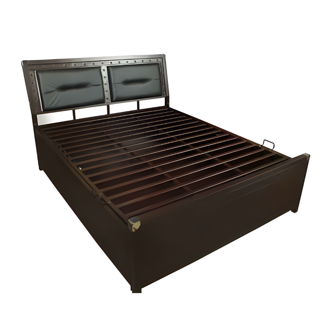 Daisy Hydraulic Storage Metal Bed with Brown Cushion Headrest (Color - Brown)