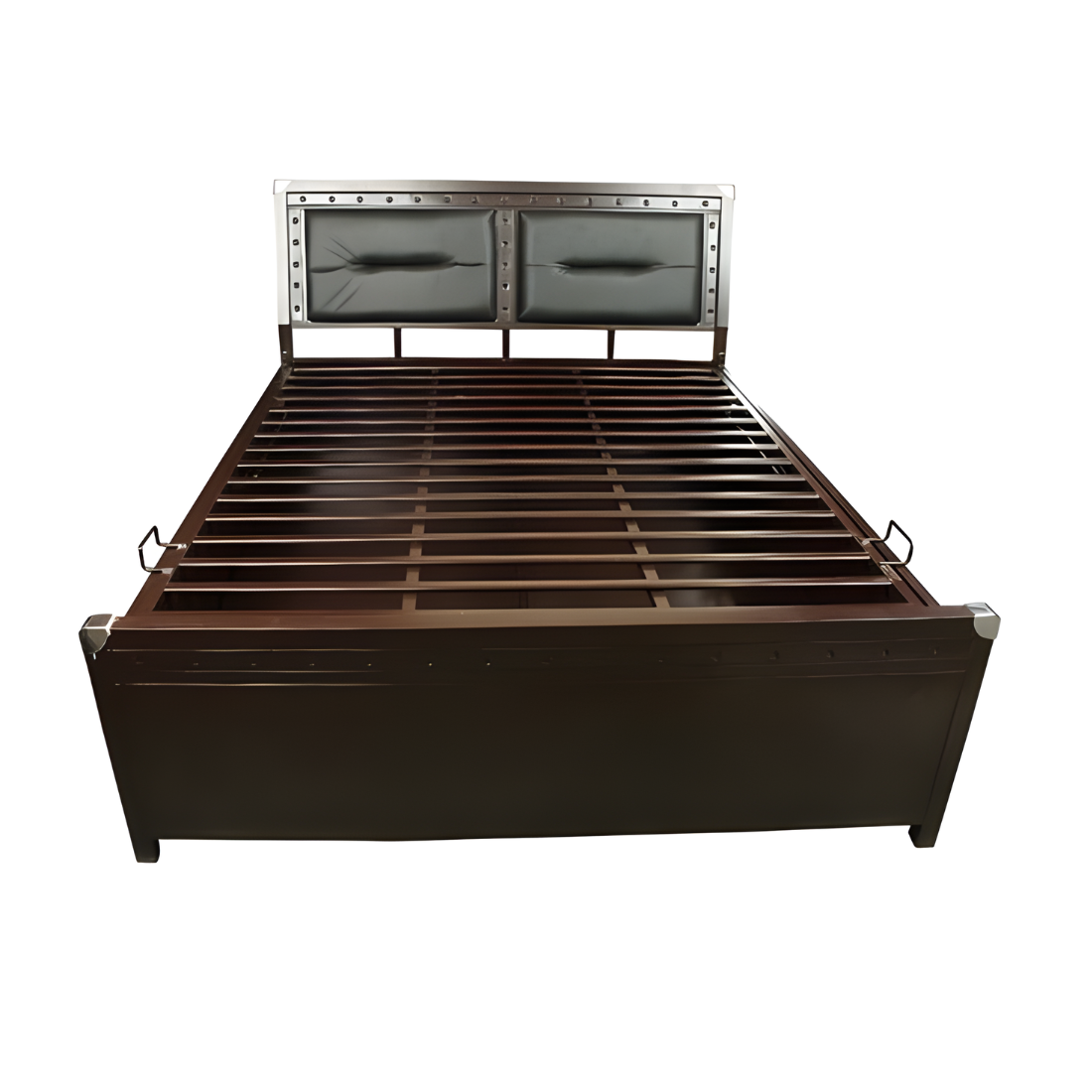 Daisy Hydraulic Storage Metal Bed with Brown Cushion Headrest (Color - Brown)
