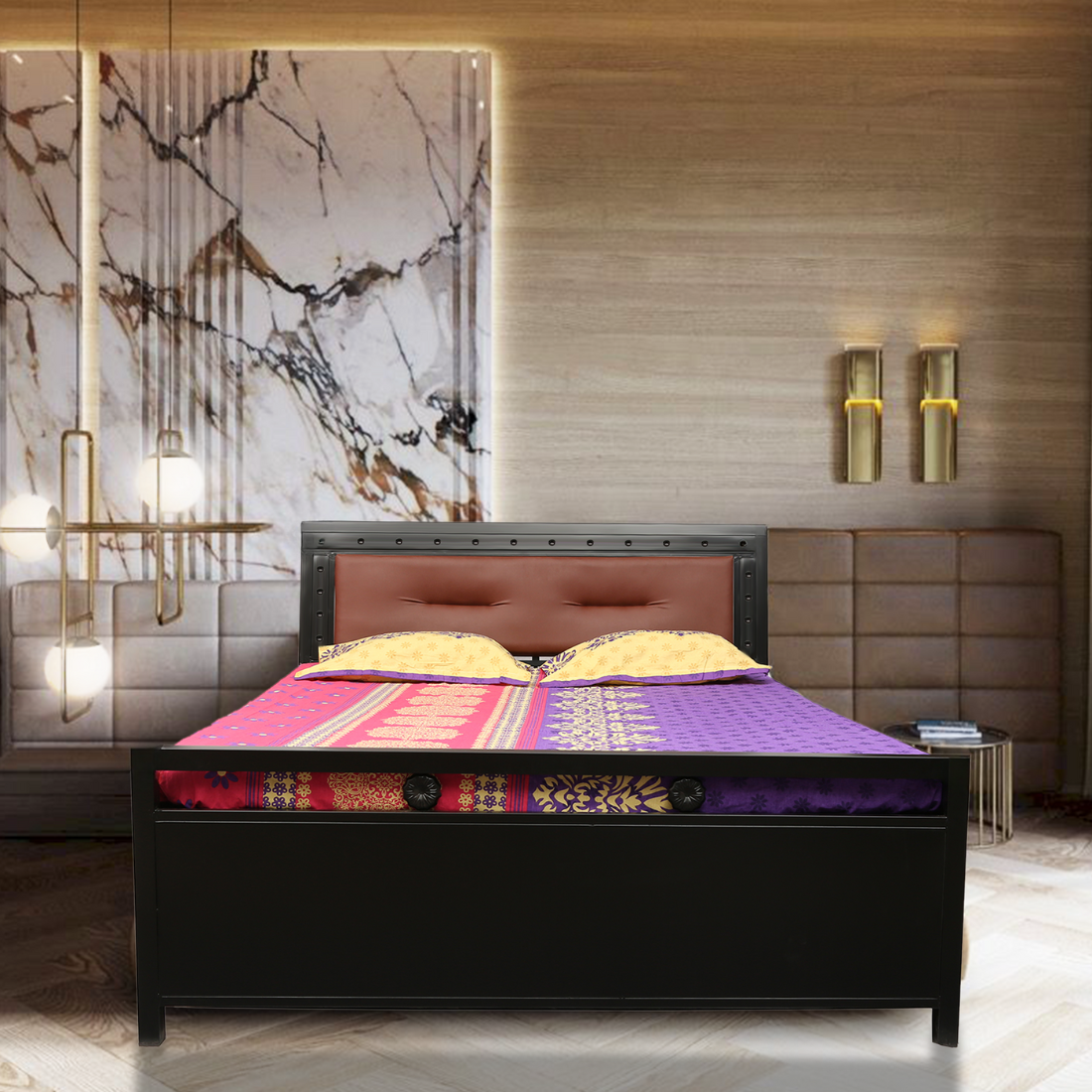 Daisy Hydraulic Storage Metal Bed with Brown Cushion Headrest (Color - Black)