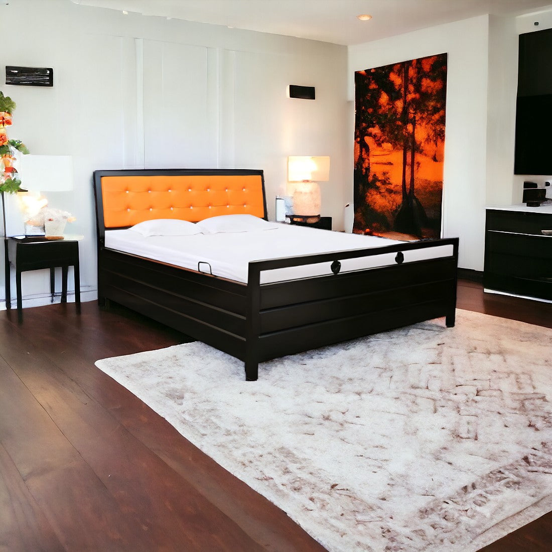Heath Hydraulic Storage Metal Bed with Orange Cushion Headrest (Color - Black)