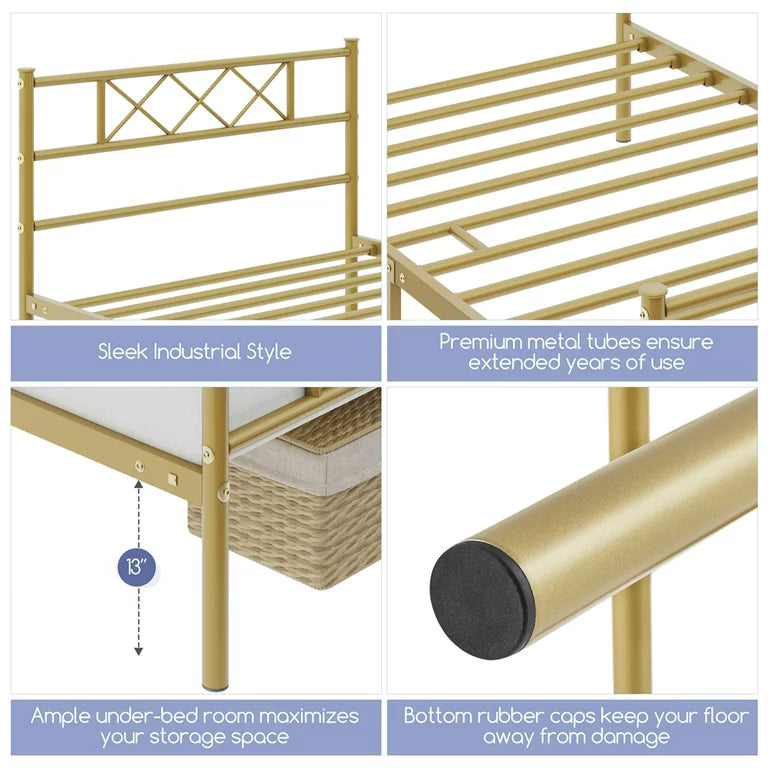 Colulombe Without Storage Metal Bed with Designer Headrest (Color - Golden)