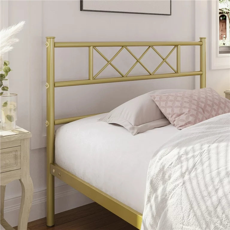 Colulombe Without Storage Metal Bed with Designer Headrest (Color - Golden)