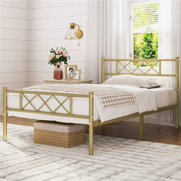 Colulombe Without Storage Metal Bed with Designer Headrest (Color - Golden)