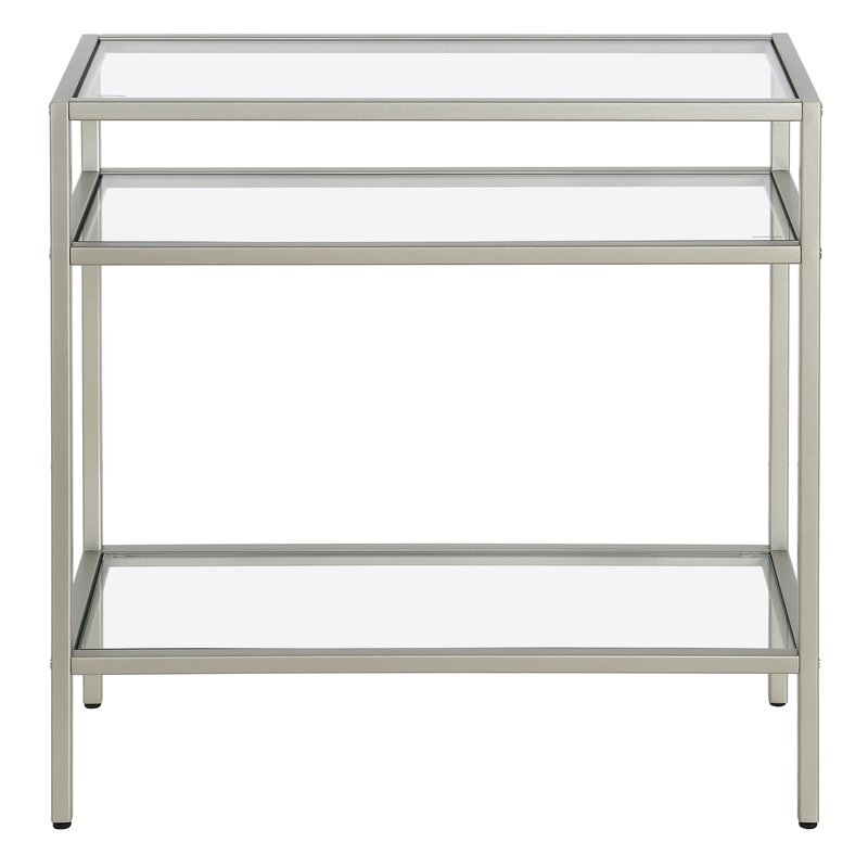 Metal Side Table in Grey Finish and Powder Coating with Glass Top and Bottom