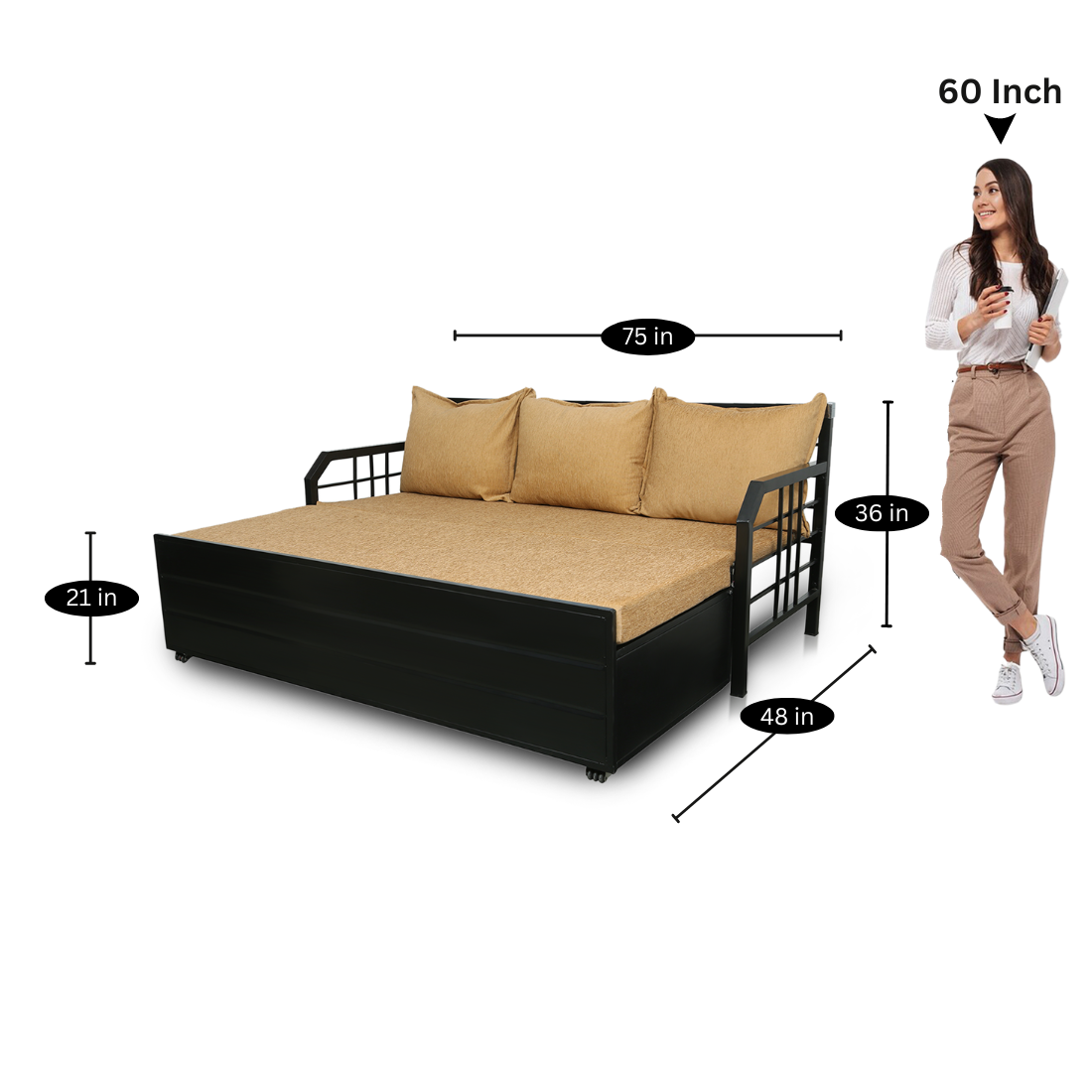 Black Orchid Hydraulic Storage Metal Sofa Bed with Mattress & Pillow (Color - Camel)
