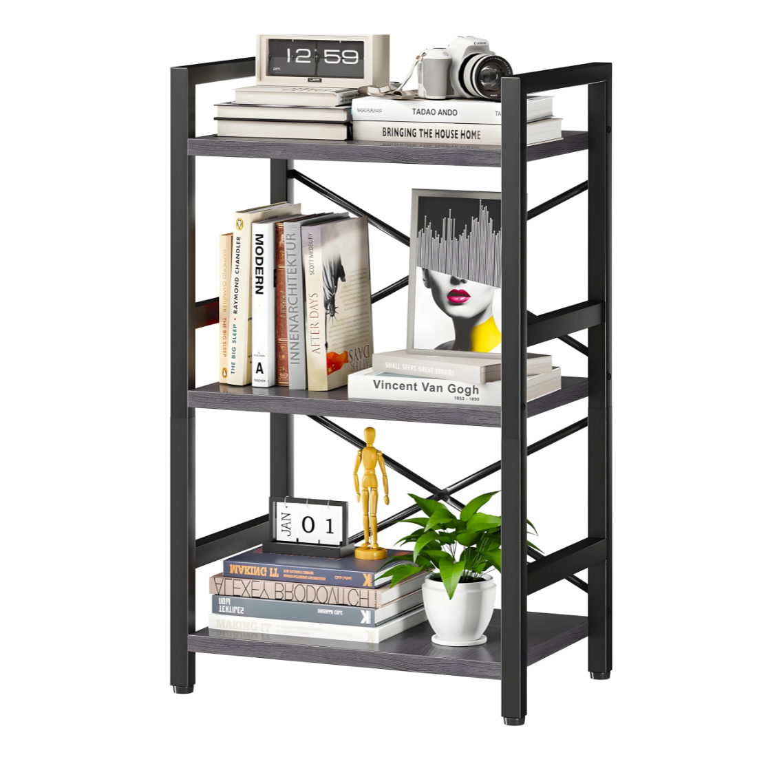 Designer Multi Purpose Metal Stand in Black Finish with Wooden Slab