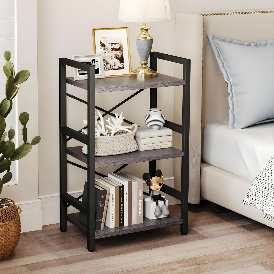 Designer Multi Purpose Metal Stand in Black Finish with Wooden Slab