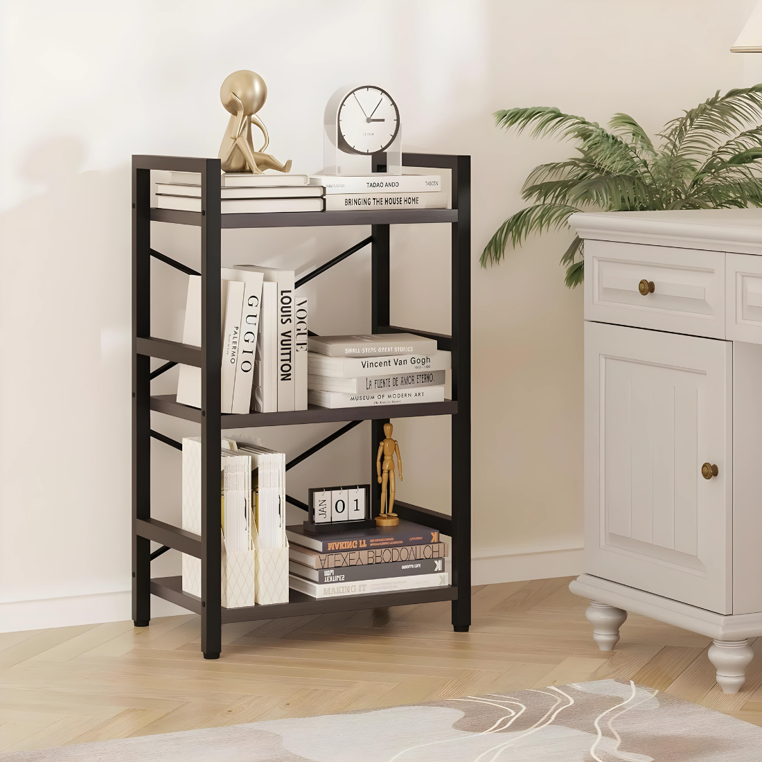 Designer Multi Purpose Metal Stand in Black Finish with Wooden Slab