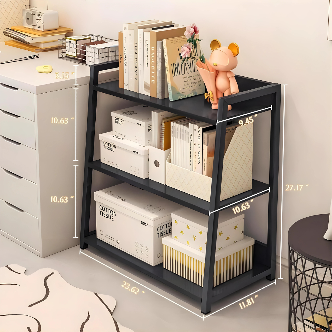 Multi Purpose Metal Shelf Stand in Black Finish with Wooden Slab - Metal Rack