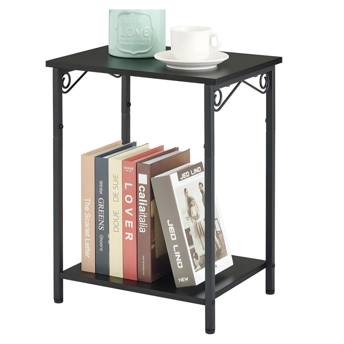 Designer Metal Side Table in Black Finish and Powder Coating with Wooden Top