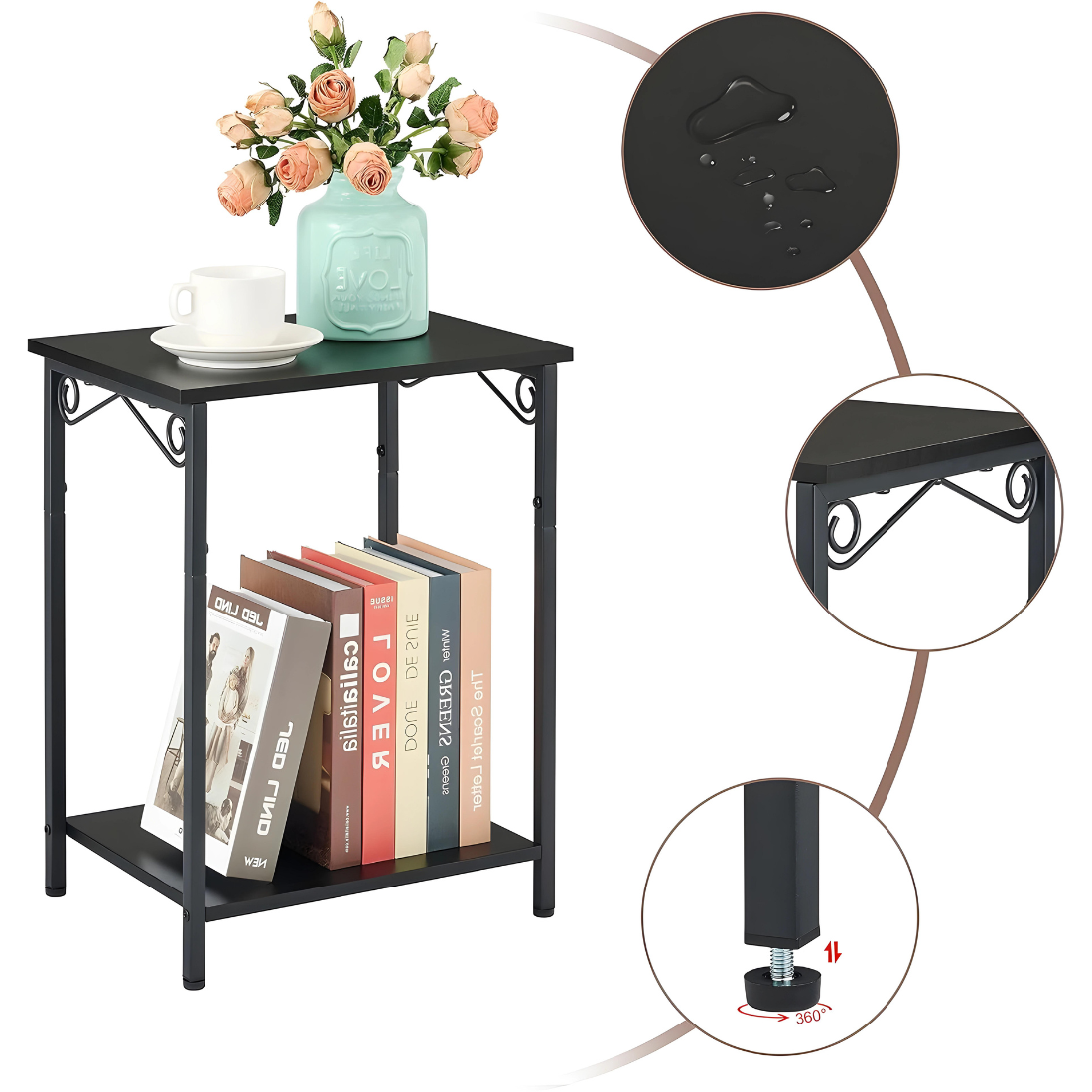 Designer Metal Side Table in Black Finish and Powder Coating with Wooden Top