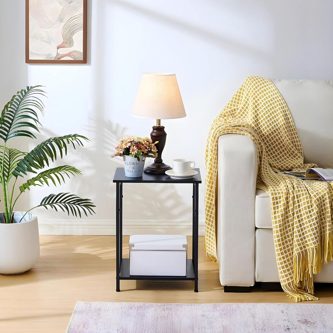 Designer Metal Side Table in Black Finish and Powder Coating with Wooden Top