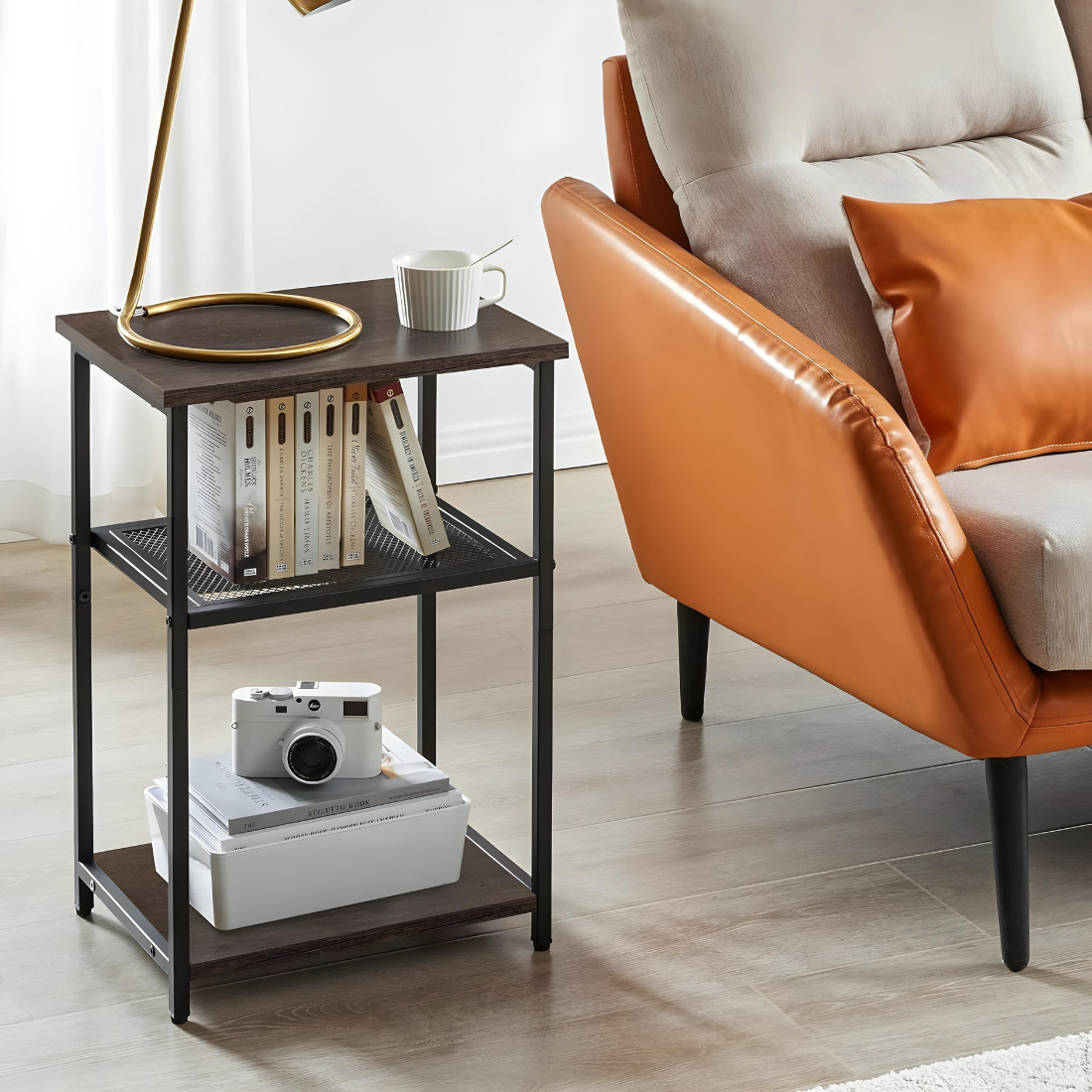Metal Side Stand in Black Finish and Powder Coating with Wooden Slab