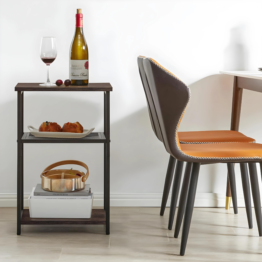 Metal Side Stand in Black Finish and Powder Coating with Wooden Slab