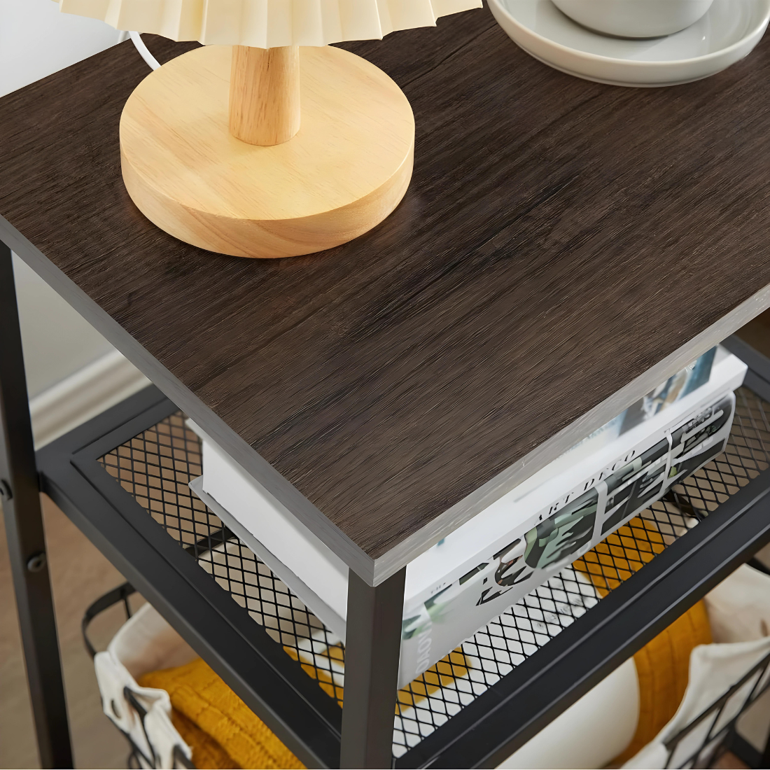 Metal Side Stand in Black Finish and Powder Coating with Wooden Slab
