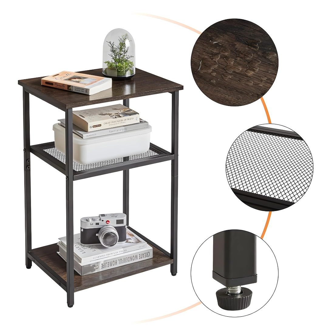 Metal Side Stand in Black Finish and Powder Coating with Wooden Slab