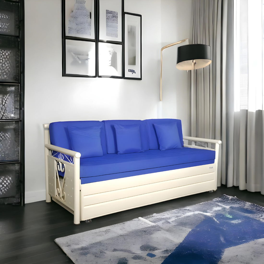 White Crosslily Hydraulic Storage Metal Sofa Bed with Mattress & Pillow (Color - Blue)