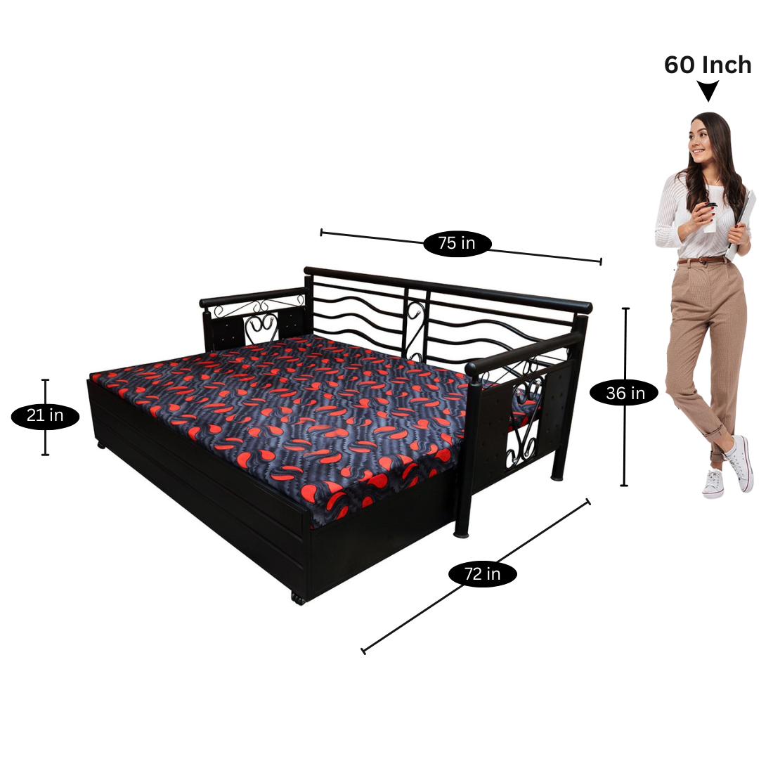 Black Crossandra Hydraulic Storage Metal Sofa Bed with Mattress & Pillow (Color - Multi)